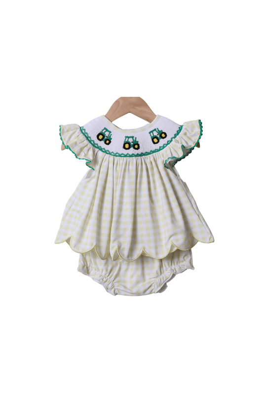 The Smocked Flamingo Apparel & Accessories Smocked Yellow Green Tractor Bloomer Set