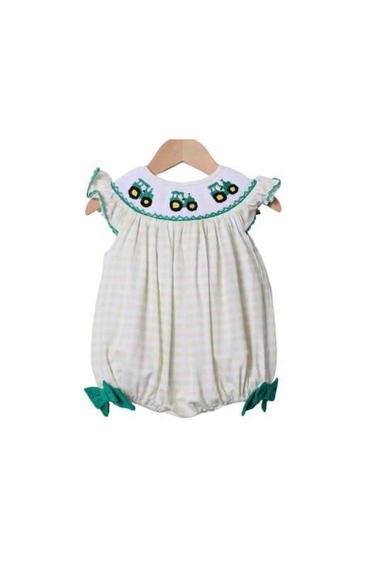 The Smocked Flamingo Apparel & Accessories Smocked Yellow Green Tractor Bow Bubble