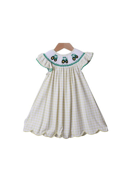 The Smocked Flamingo Apparel & Accessories Smocked Yellow Green Tractor Dress
