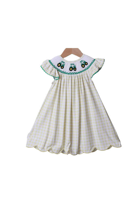 The Smocked Flamingo Apparel & Accessories Smocked Yellow Green Tractor Dress