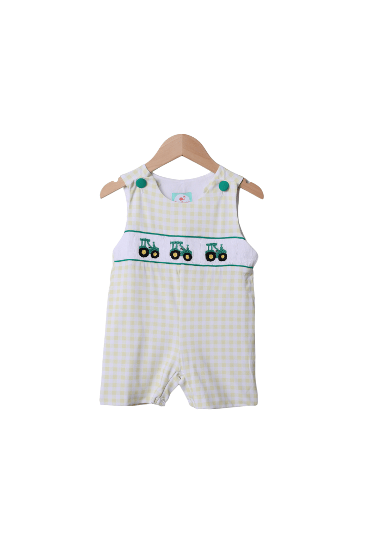 The Smocked Flamingo Apparel & Accessories Smocked Yellow Green Tractor Jon Jon