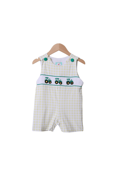 The Smocked Flamingo Apparel & Accessories Smocked Yellow Green Tractor Jon Jon