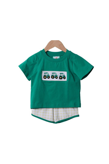 The Smocked Flamingo Apparel & Accessories Smocked Yellow Green Tractor Short Set