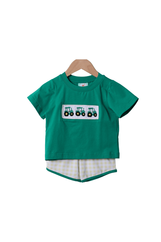 The Smocked Flamingo Apparel & Accessories Smocked Yellow Green Tractor Short Set