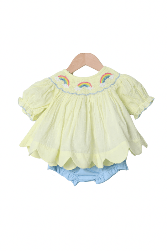 The Smocked Flamingo Apparel & Accessories Smocked Yellow Swiss Dot Rainbow Bloomer Set