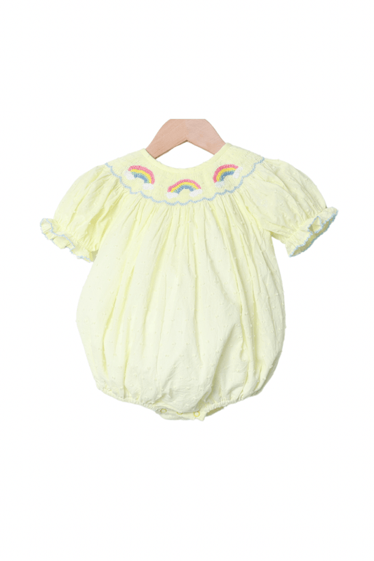 The Smocked Flamingo Apparel & Accessories Smocked Yellow Swiss Dot Rainbow Bubble