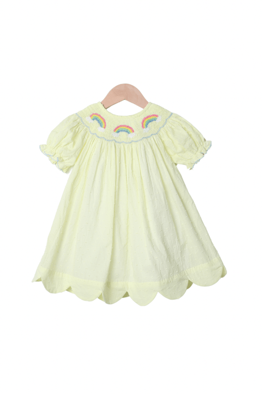 The Smocked Flamingo Apparel & Accessories Smocked Yellow Swiss Dot Rainbow Dress