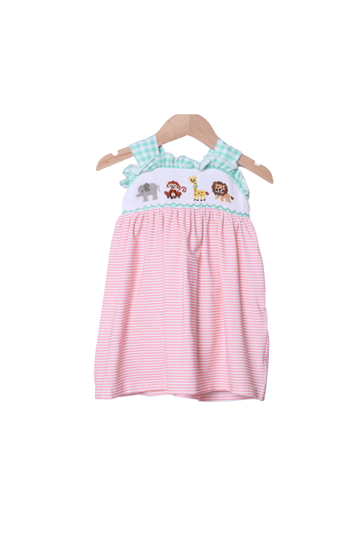 The Smocked Flamingo Apparel & Accessories Smocked Zoo Friends Mint/Peach Sun Dress