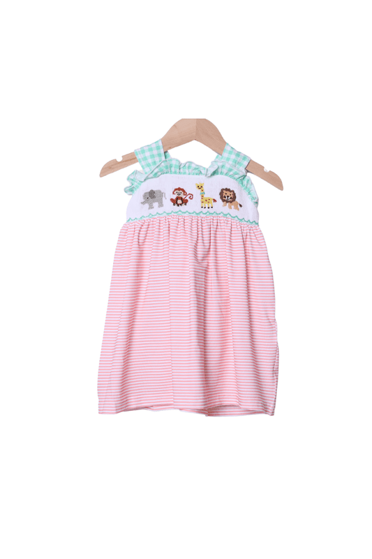The Smocked Flamingo Apparel & Accessories Smocked Zoo Friends Mint/Peach Sun Dress
