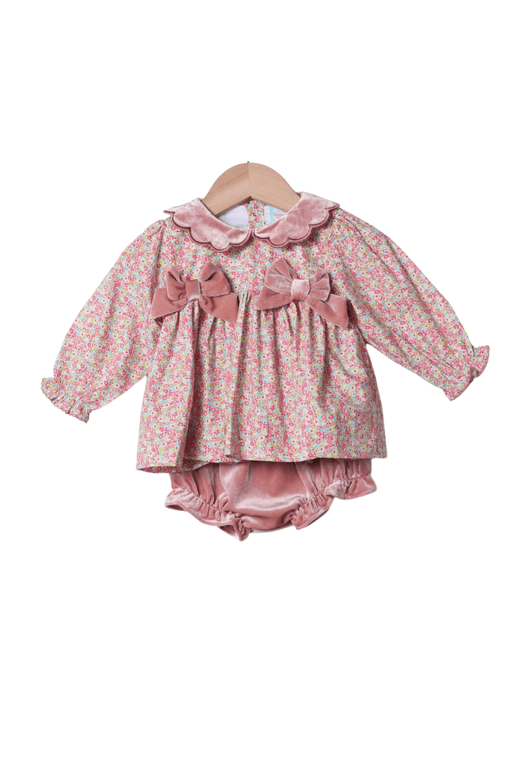 The Smocked Flamingo Apparel & Accessories Spring Floral Pink Velvet Scalloped Bloomer Set