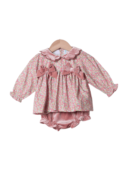 The Smocked Flamingo Apparel & Accessories Spring Floral Pink Velvet Scalloped Bloomer Set