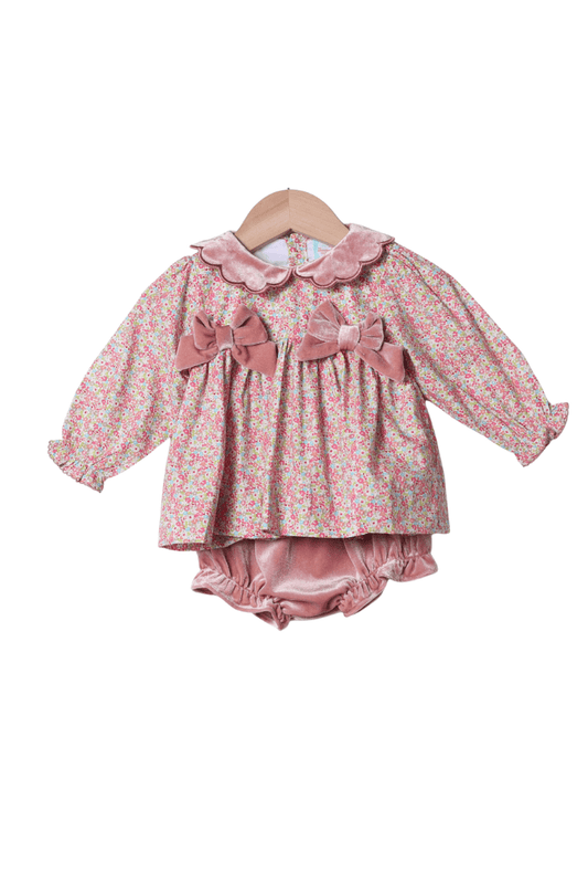 The Smocked Flamingo Apparel & Accessories Spring Floral Pink Velvet Scalloped Bloomer Set