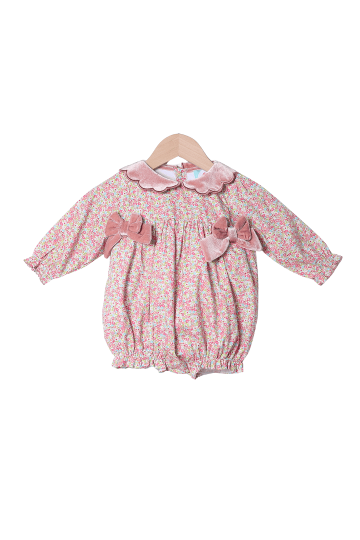 The Smocked Flamingo Apparel & Accessories Spring Floral Pink Velvet Scalloped Bubble