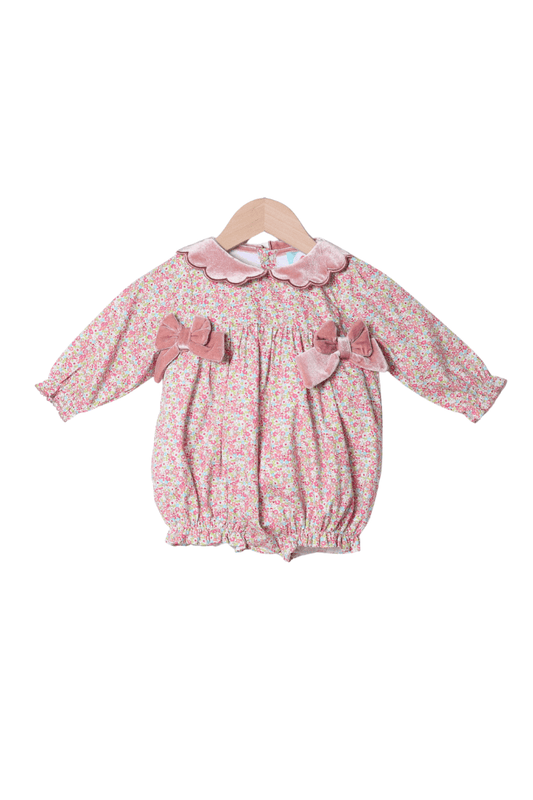 The Smocked Flamingo Apparel & Accessories Spring Floral Pink Velvet Scalloped Bubble