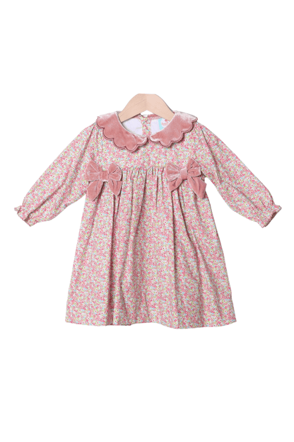 The Smocked Flamingo Apparel & Accessories Spring Floral Pink Velvet Scalloped Dress