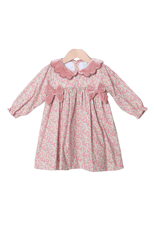 The Smocked Flamingo Apparel & Accessories Spring Floral Pink Velvet Scalloped Dress