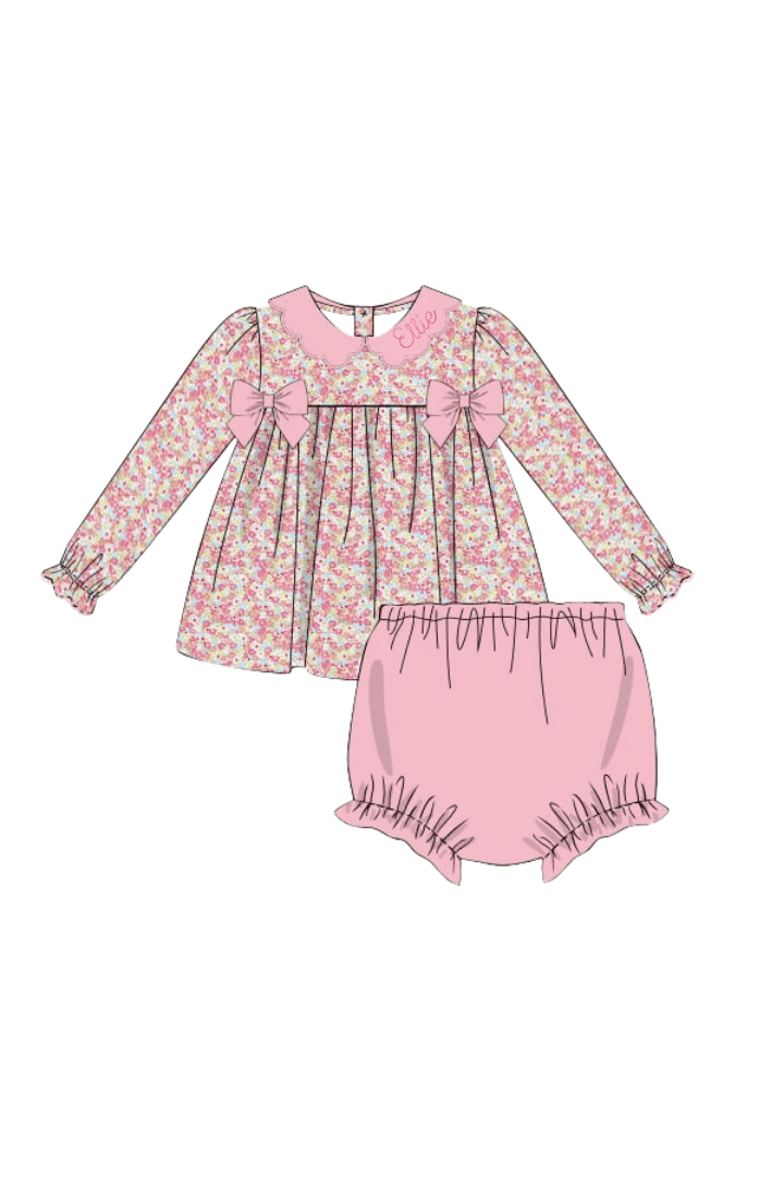The Smocked Flamingo Apparel & Accessories Spring Pink Floral and Pink Corduroy Bow Bloomer Set