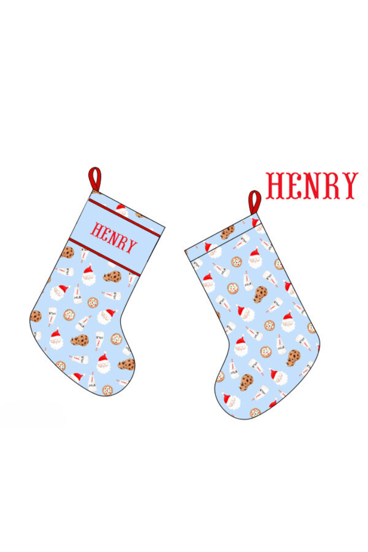 The Smocked Flamingo Apparel & Accessories Stocking Pre-Order Smocked Custom Name Blue Cookies and Milk Christmas Trimmings