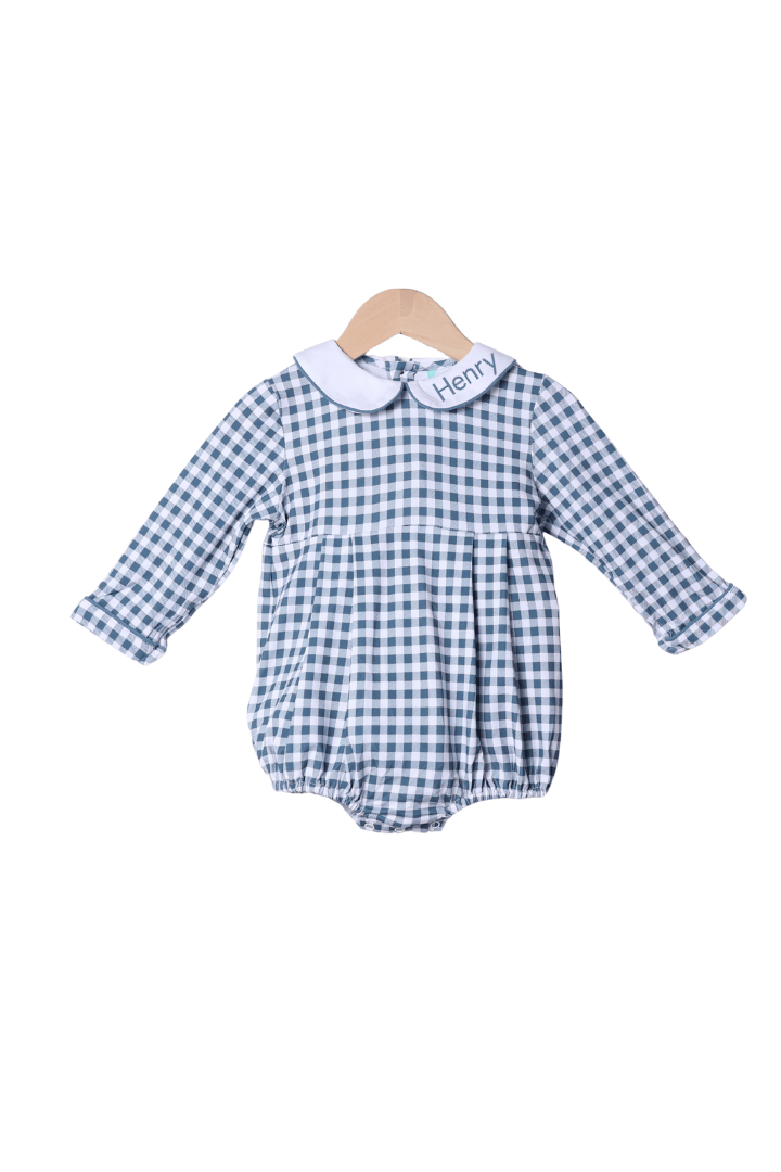 The Smocked Flamingo Apparel & Accessories Stone Blue Knit Gingham Peter Pan Bubble