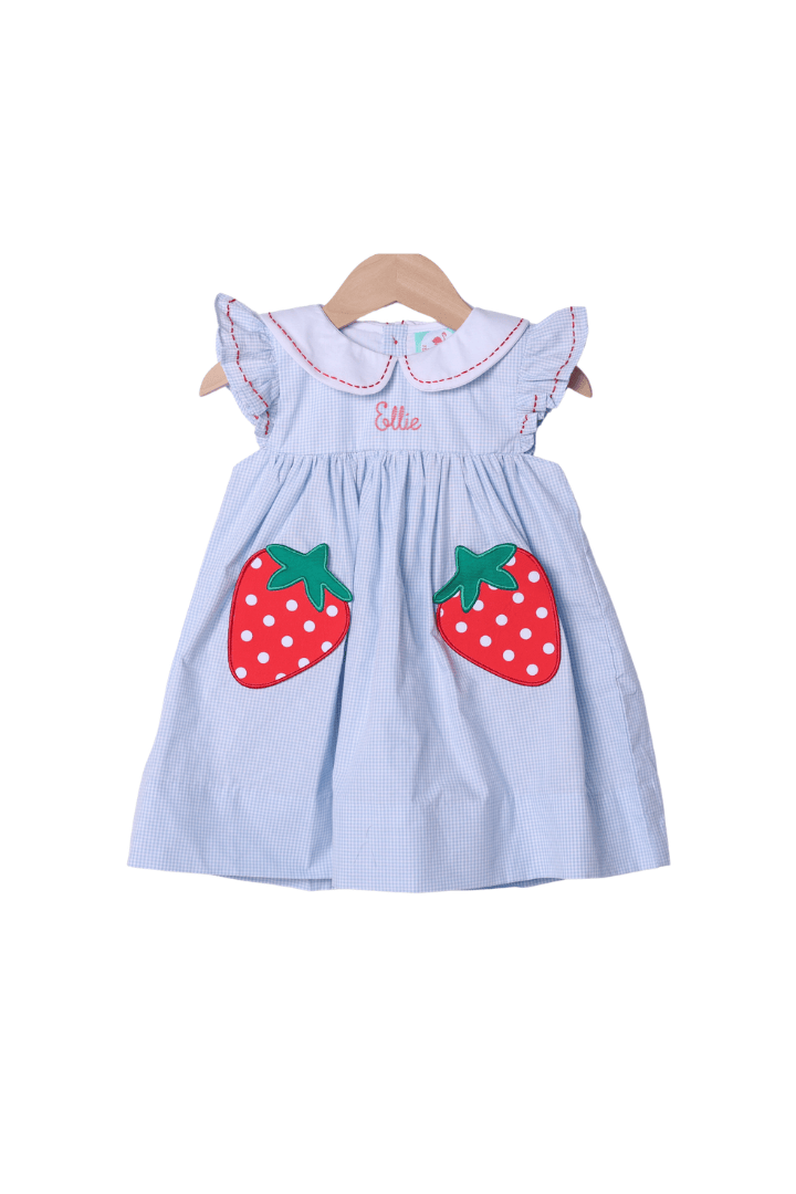 The Smocked Flamingo Apparel & Accessories Strawberry Patch Blue Gingham Dress