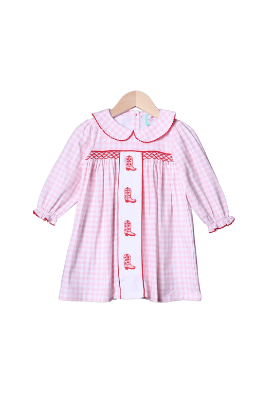 The Smocked Flamingo Apparel & Accessories Sweet Cowgirl Boots Pink Gingham Dress