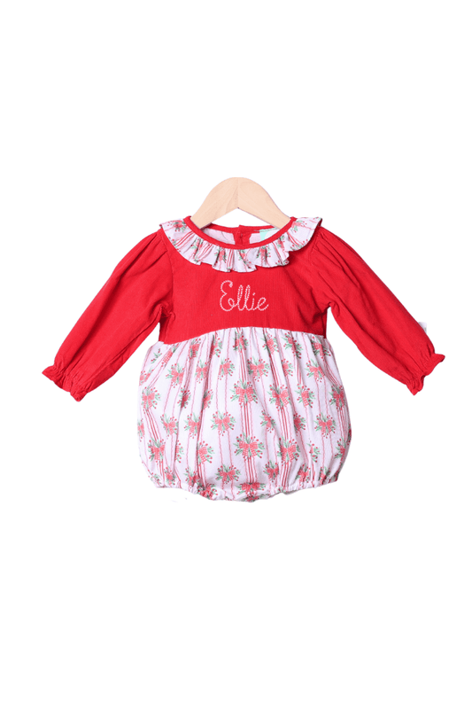 The Smocked Flamingo Apparel & Accessories Sweet Holly Bow Red Corduroy Bubble