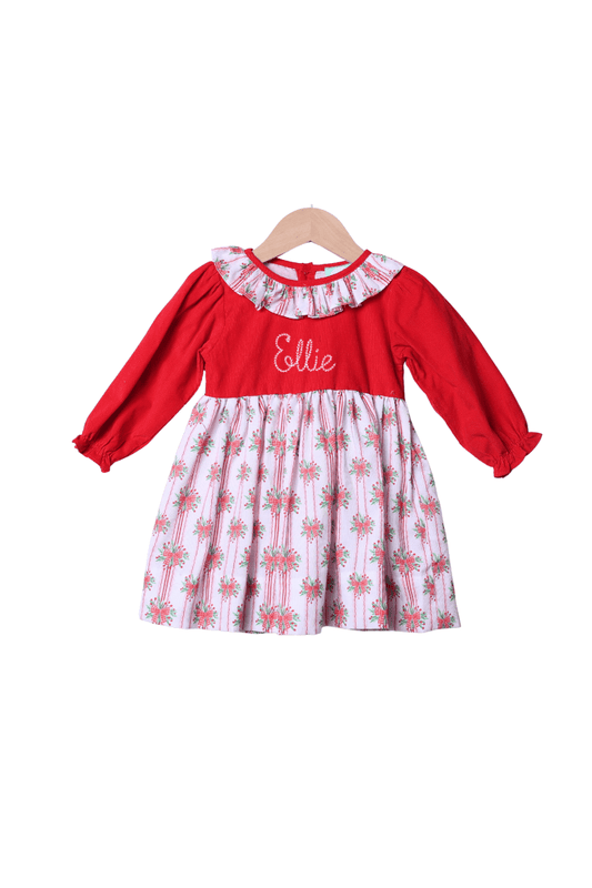 The Smocked Flamingo Apparel & Accessories Sweet Holly Bow Red Corduroy Dress