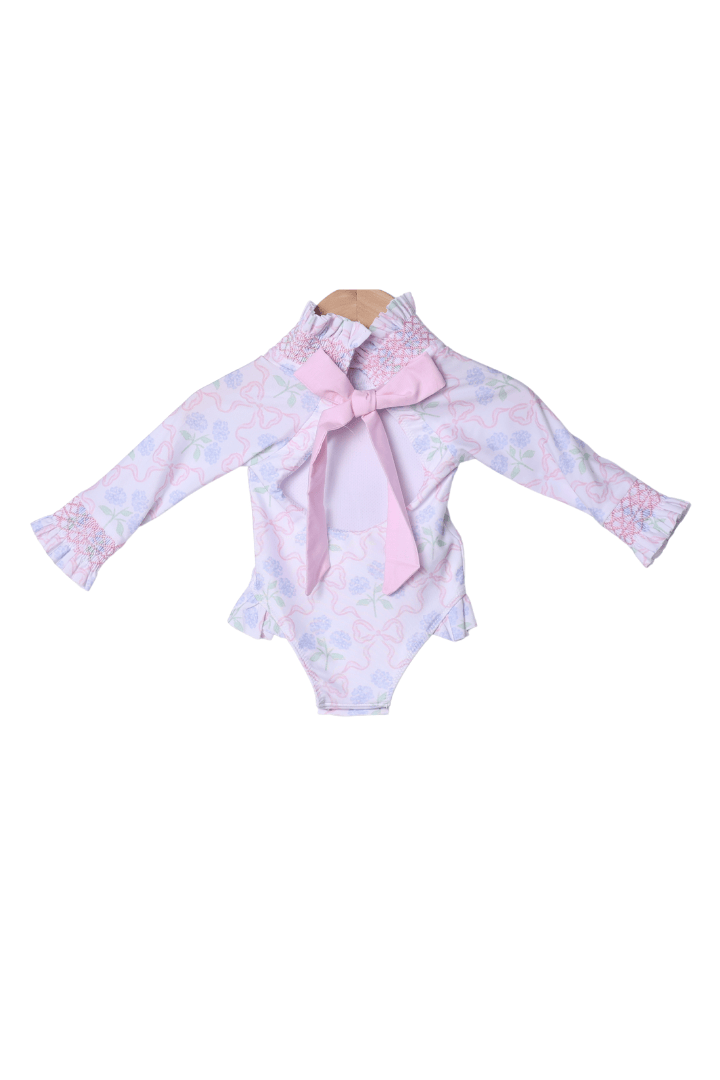 The Smocked Flamingo Apparel & Accessories Sweet Hydrangea Bow Smocked Swimsuit