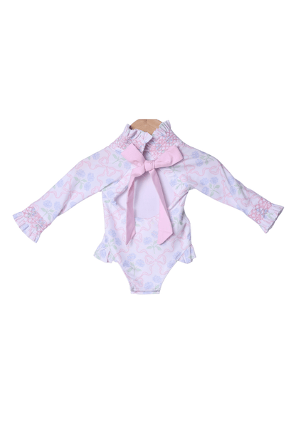 The Smocked Flamingo Apparel & Accessories Sweet Hydrangea Bow Smocked Swimsuit