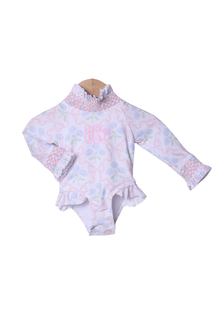 The Smocked Flamingo Apparel & Accessories Sweet Hydrangea Bow Smocked Swimsuit