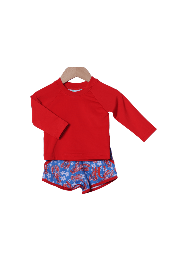 The Smocked Flamingo Apparel & Accessories Sweet Lobster Red and Blue Rashguard Swim Trunks Set
