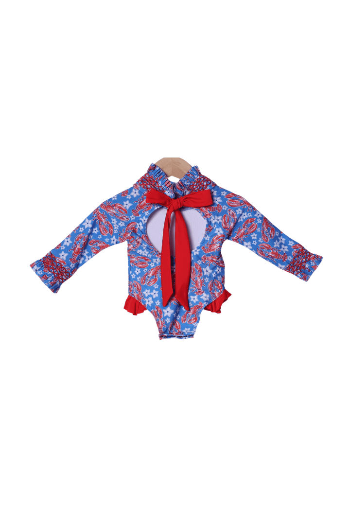 The Smocked Flamingo Apparel & Accessories Sweet Lobster Red and Blue Smocked Swimsuit