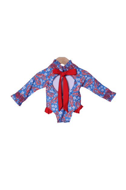 The Smocked Flamingo Apparel & Accessories Sweet Lobster Red and Blue Smocked Swimsuit