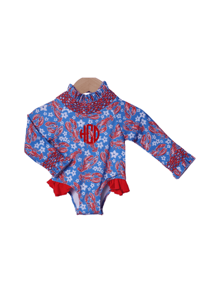 The Smocked Flamingo Apparel & Accessories Sweet Lobster Red and Blue Smocked Swimsuit