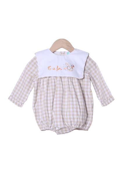 The Smocked Flamingo Apparel & Accessories T is for Turkey Shadow Embroidery Khaki Gingham Bubble