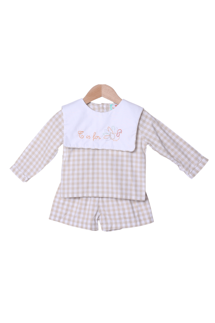 The Smocked Flamingo Apparel & Accessories T is for Turkey Shadow Embroidery Khaki Gingham Short Set