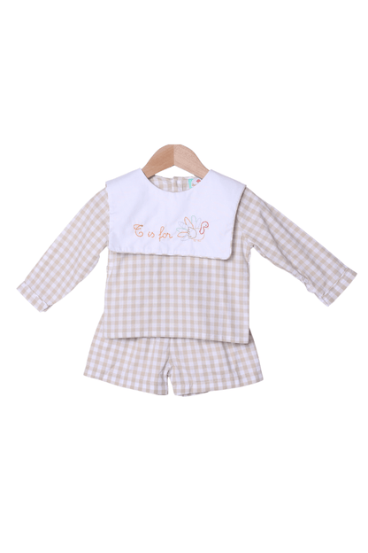 The Smocked Flamingo Apparel & Accessories T is for Turkey Shadow Embroidery Khaki Gingham Short Set