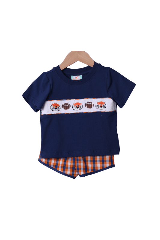 The Smocked Flamingo Apparel & Accessories Tigers Navy/Orange Checkered Short Set