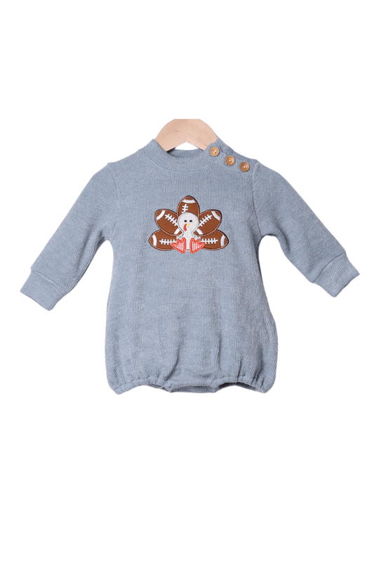 The Smocked Flamingo Apparel & Accessories Touchdown Turkey Applique Blue Cardigan Bubble