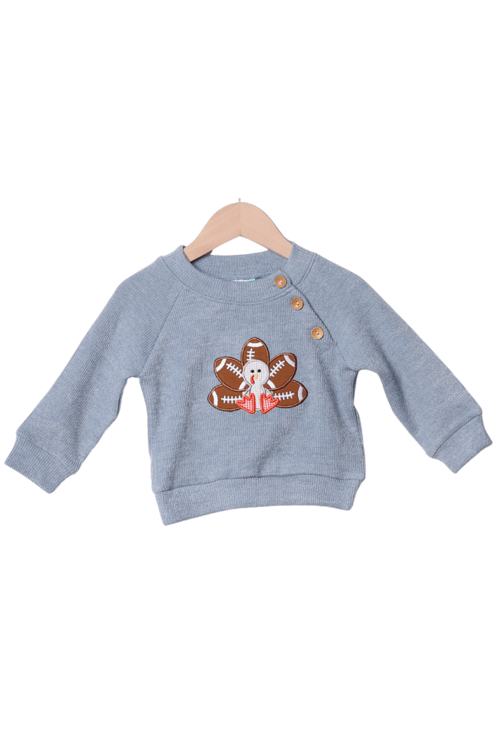 The Smocked Flamingo Apparel & Accessories Touchdown Turkey Applique Blue Cardigan Pullover