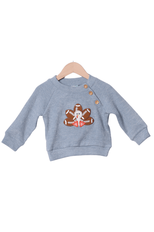 The Smocked Flamingo Apparel & Accessories Touchdown Turkey Applique Blue Cardigan Pullover