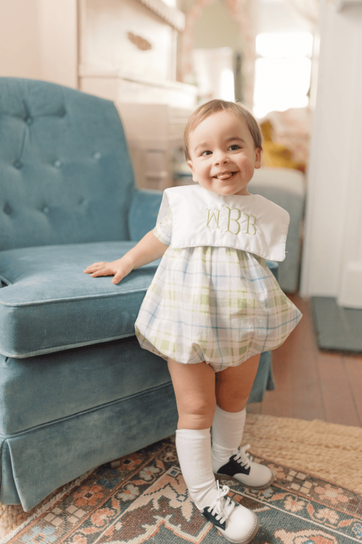 The Smocked Flamingo Apparel & Accessories TSF x Shelby Back Blue and Green Plaid Bib Bubble