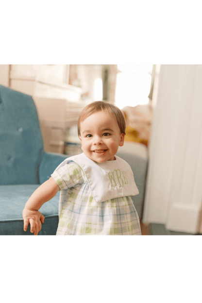The Smocked Flamingo Apparel & Accessories TSF x Shelby Back Blue and Green Plaid Bib Diaper Set