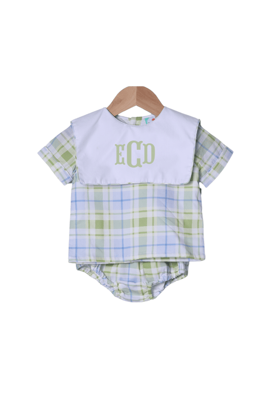 The Smocked Flamingo Apparel & Accessories TSF x Shelby Back Blue and Green Plaid Bib Diaper Set
