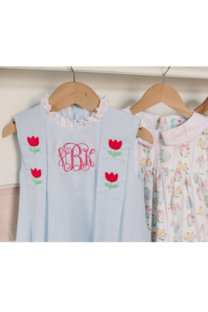 The Smocked Flamingo Apparel & Accessories TSF x Shelby Back Blue Gingham Embroidered Tulip Bubble