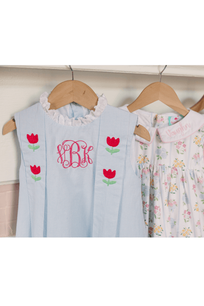 The Smocked Flamingo Apparel & Accessories TSF x Shelby Back Blue Gingham Embroidered Tulip Bubble