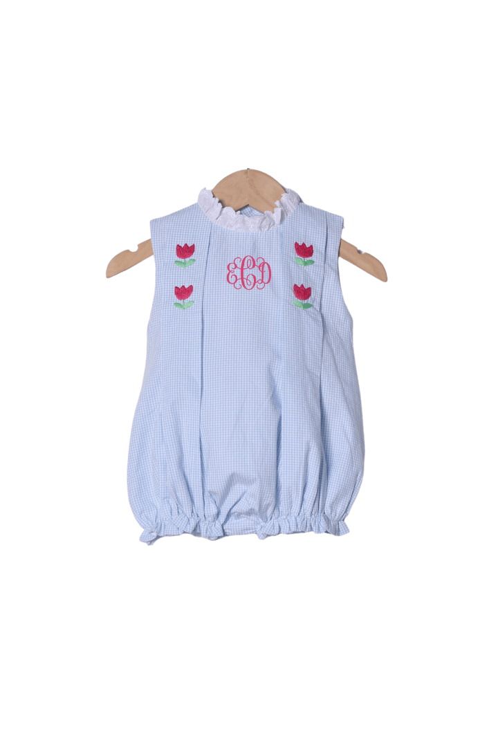 The Smocked Flamingo Apparel & Accessories TSF x Shelby Back Blue Gingham Embroidered Tulip Bubble