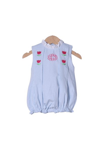The Smocked Flamingo Apparel & Accessories TSF x Shelby Back Blue Gingham Embroidered Tulip Bubble