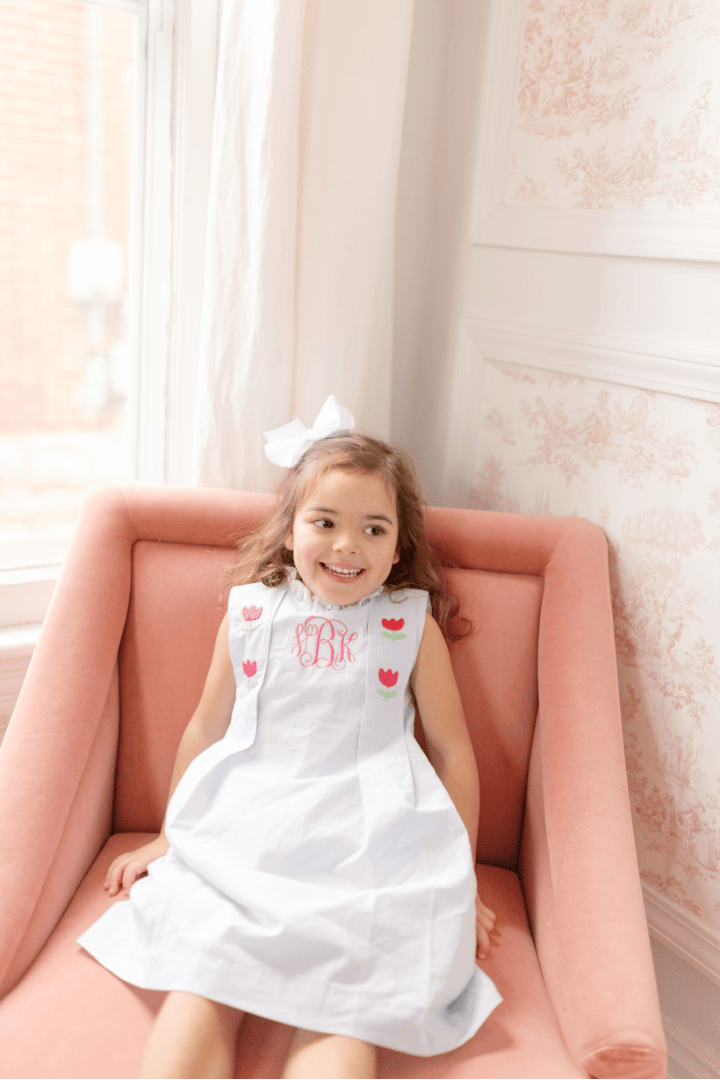 The Smocked Flamingo Apparel & Accessories TSF x Shelby Back Blue Gingham Embroidered Tulip Dress