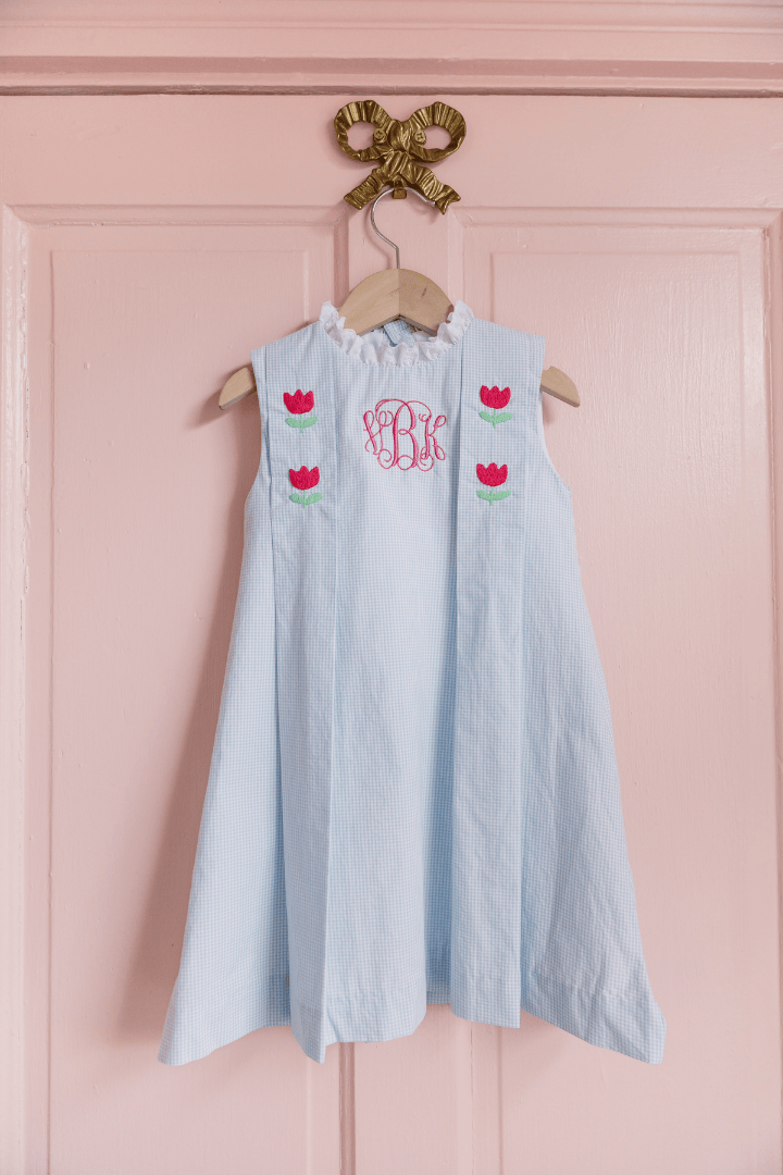 The Smocked Flamingo Apparel & Accessories TSF x Shelby Back Blue Gingham Embroidered Tulip Dress